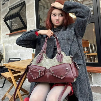 Women's Fashion PU Leather Shoulder Bag Large Capacity Crossed Color Cowboy Backpack Multifunctional Underarm Bag Casual Outing