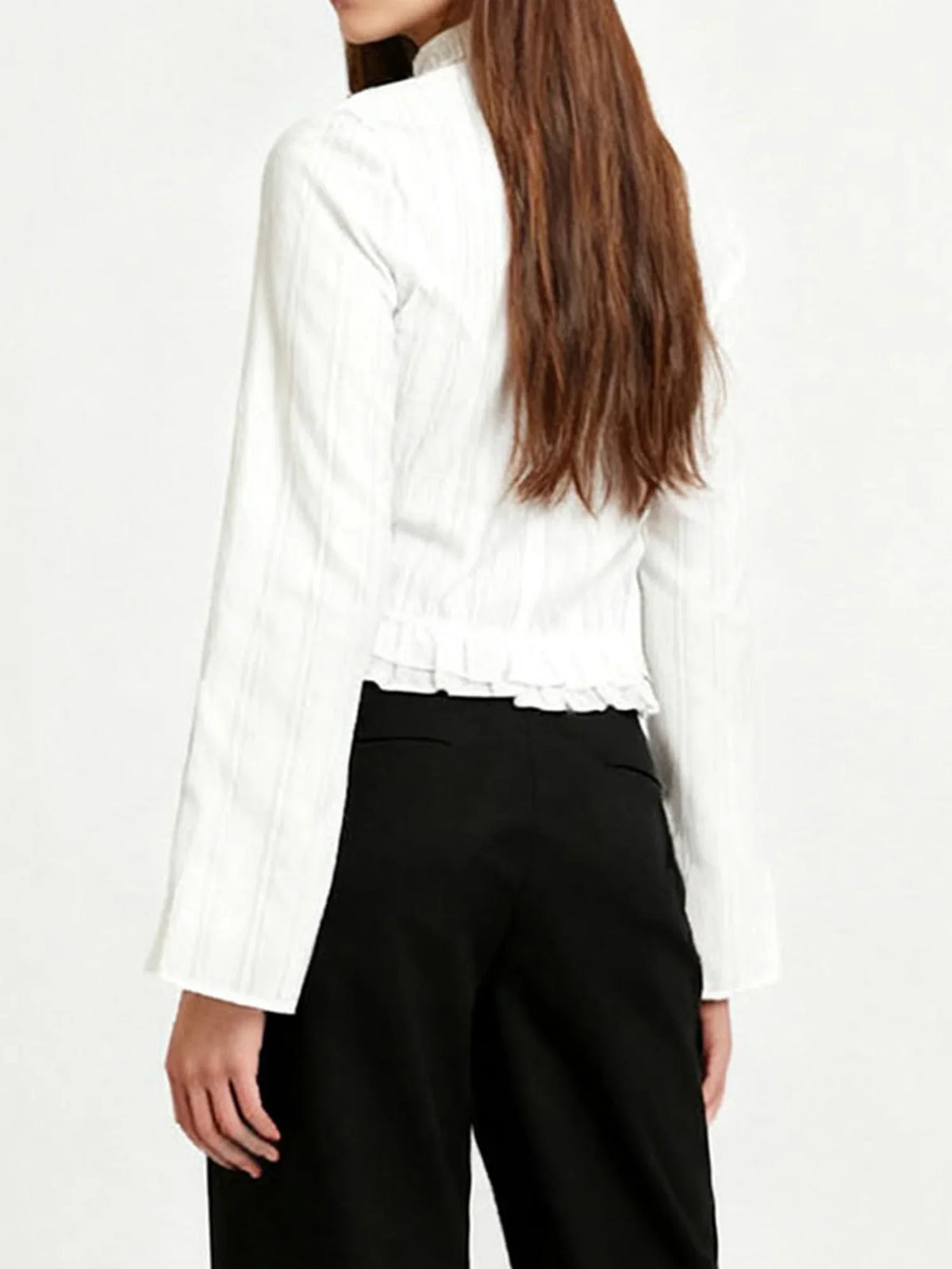 Women s Fall Striped Blouses with Long Sleeves and Round Neckline Featuring Ruffle Trim Hem and Casual Button-Up Design