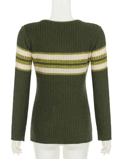 Casual Striped Knitted Sweater Basic V-Neck Long Sleeve Pullovers Women Autumn Winter Fashion Streetwear Ladies