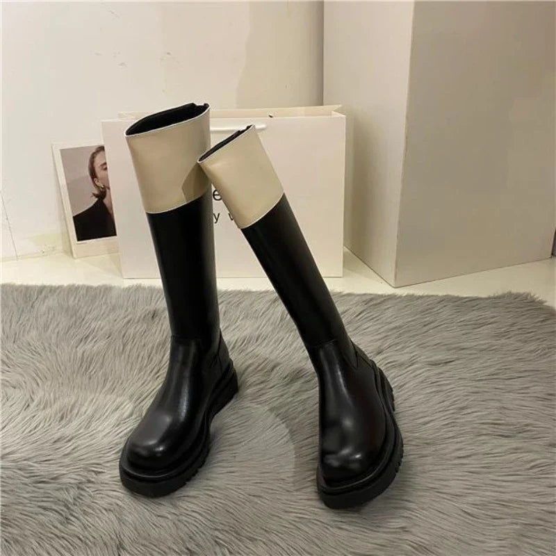Middle Heel Platform Shoes for Woman Black Footwear Long Winter Knee High Shaft Round Toe Women's Boots Cosplay Pu Spring Autumn