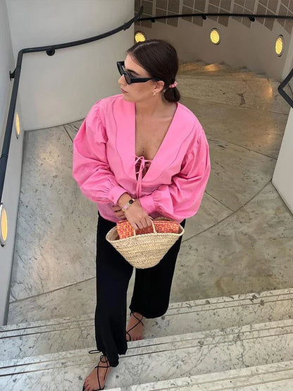 Sweet Bow Lace-up Women's Blouse Solid Loose Wavy Deep V-neck Puff Long Sleeve Tops 2024 Spring Summer Elegant Female Blouses