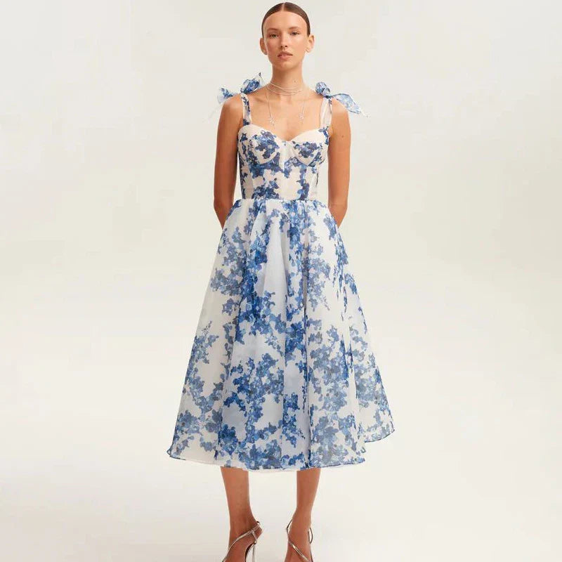 Floral Print Bow Shoulder Strap Sweetheart Corset Bodice Midi Dress