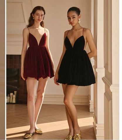 Spaghetti Strap Deep V Neck Gathered Velvet Babydoll Mini Dress