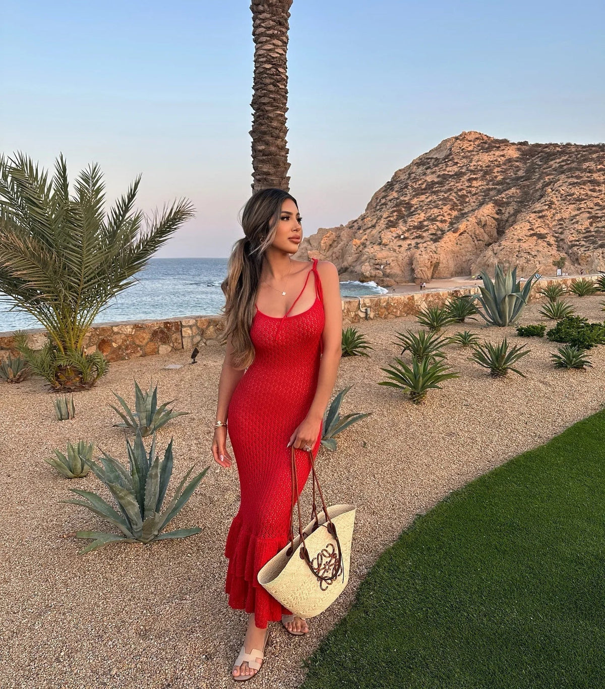 Open-Knit Halter Spaghetti Strap Tiered Ruffle Hem Midi Dress
