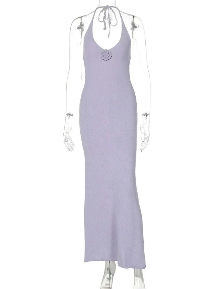 Ribbed Knit Deep V Neck Floral Accent Mermaid Hem Maxi Dress