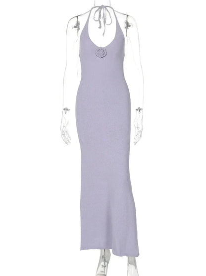Ribbed Knit Deep V Neck Floral Accent Mermaid Hem Maxi Dress