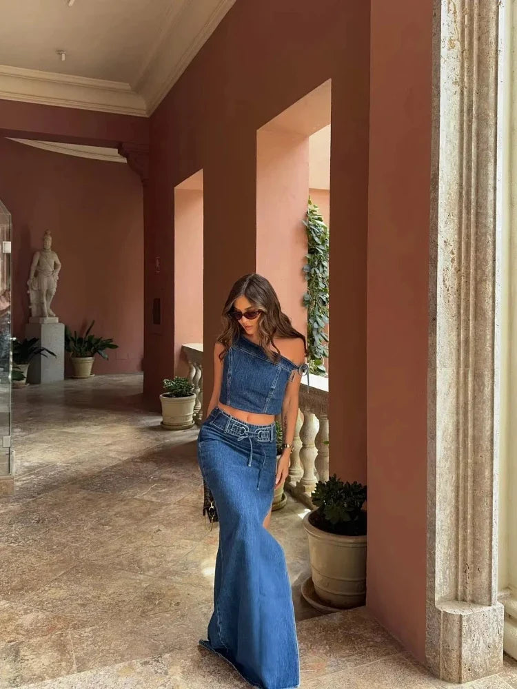Classic Denim Shirt Slim Skirt Woman's Set Vintage One Shoulder Lace Up Tops A-lined High Waist Skirts Sets Female Chic Street