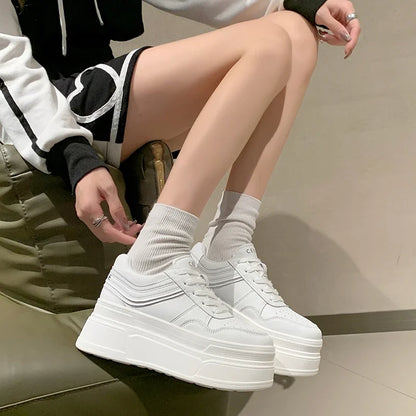 New Autumn Women High Platform Shoes 8CM Comfortable Chunky Sneakers Breathable Leather Wedges Casual Sport Dad Shoes Woman