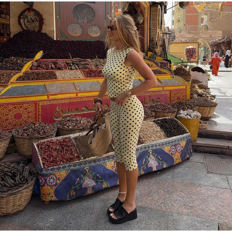 Polka Dot Open Back Sleeveless Top & Capri Pants Set High Waist Summer Fashion Retro Women Streetwear Casual Co-Ord Set