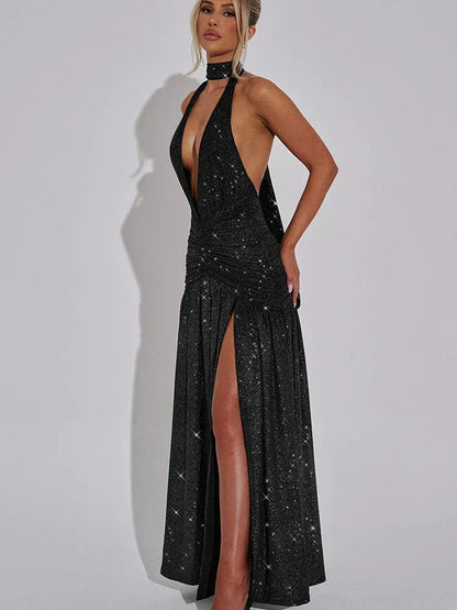 Glitter Halter Plunge V Neck Ruched Slit Maxi Dress