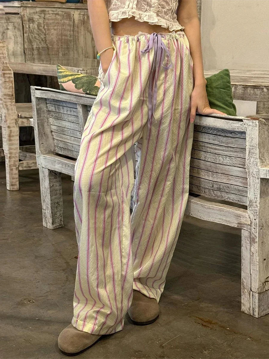 New Fashion Women Loose Pants Stripe Drawstring Elastic Waist Trousers Spring Summer Casual Sweatpants Hot Sale S M L
