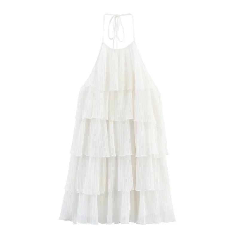 Women White Stacked Ruffle Mini Dress Elegant O-neck Sleeveless Backless A-line Halter Dresses 2025 Summer Lady Beach Vestido