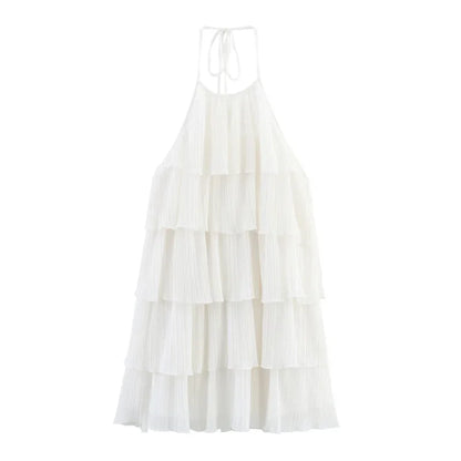 Women White Stacked Ruffle Mini Dress Elegant O-neck Sleeveless Backless A-line Halter Dresses 2025 Summer Lady Beach Vestido