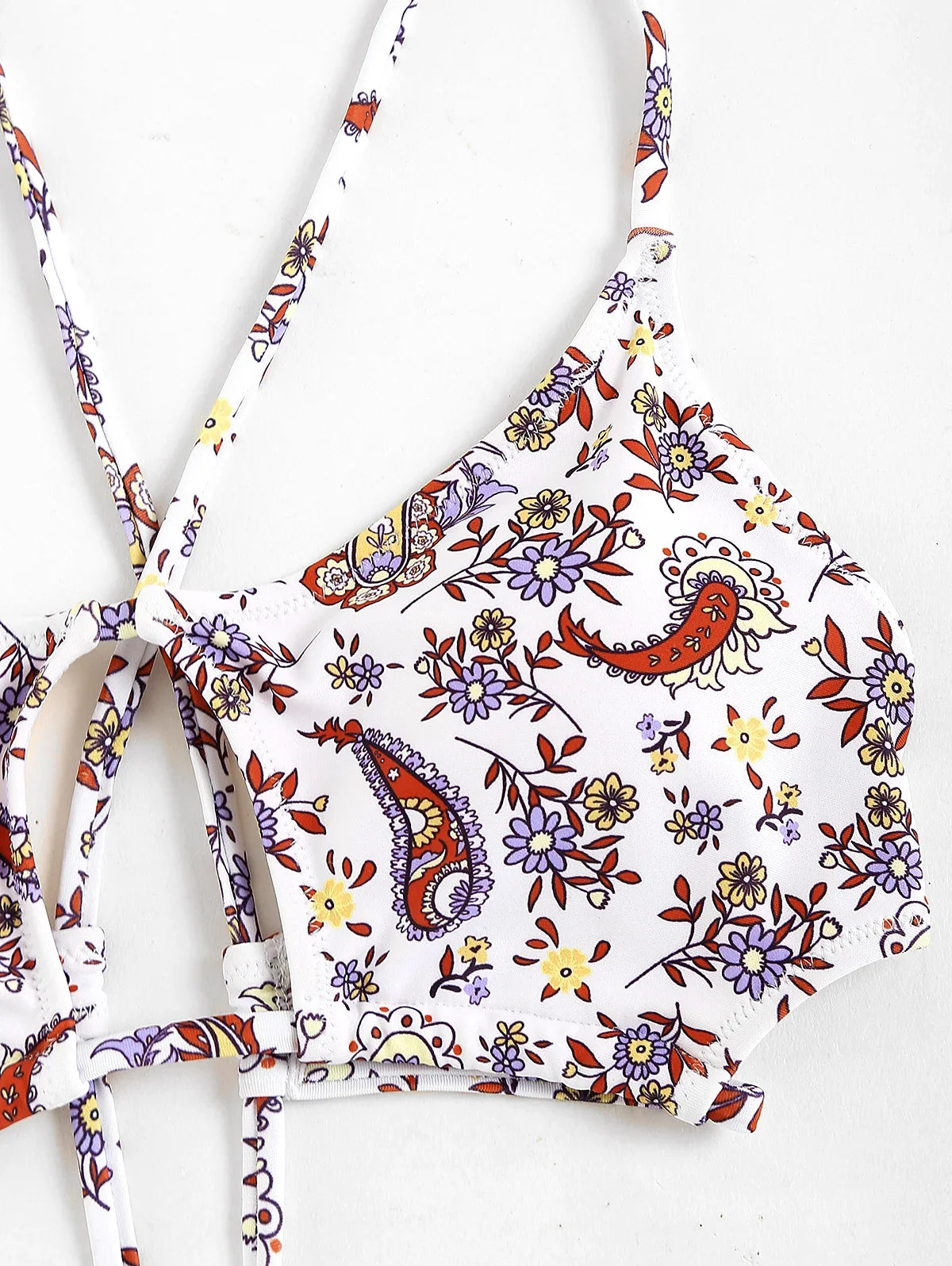 Floral Printed Ethnic Style Tie Side Criss Cross Star-shaped Bikini Swimwear