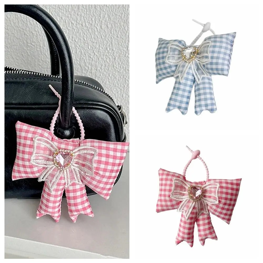 Creative Cloth Bowknot Bag Pendant Rhinestone Lattice Bow Keychain Heart Phone Charms Pendant Phone Chains Bag Ornaments