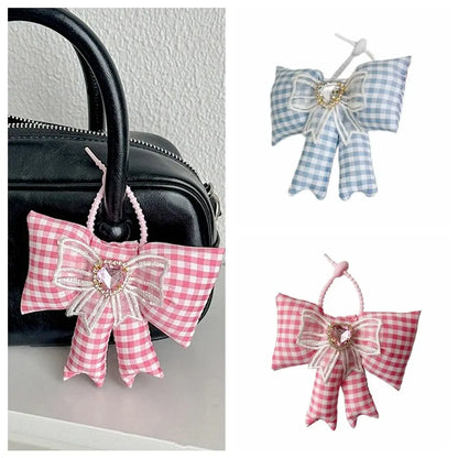 Creative Cloth Bowknot Bag Pendant Rhinestone Lattice Bow Keychain Heart Phone Charms Pendant Phone Chains Bag Ornaments