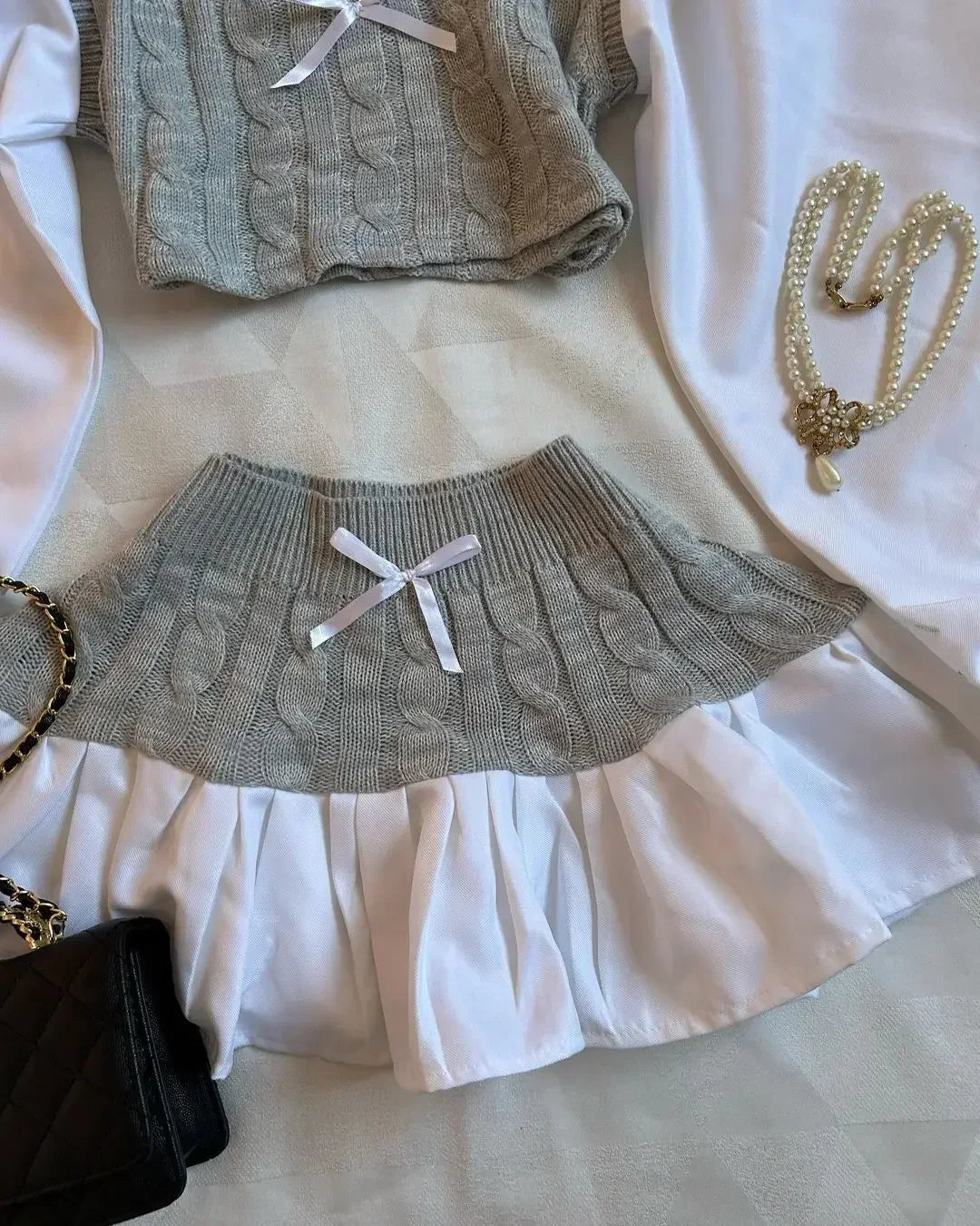 Womens Sweater Skirt Suit Fashionable Sexy Two Piece Set V Neck Vest Striped Knitted Patchwork Harajuku Y2K Mini Skirt Crop Tops