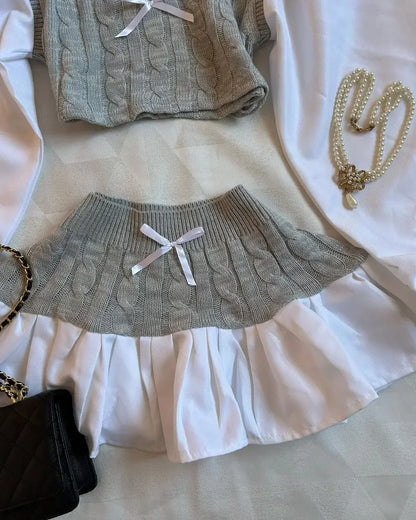 Womens Sweater Skirt Suit Fashionable Sexy Two Piece Set V Neck Vest Striped Knitted Patchwork Harajuku Y2K Mini Skirt Crop Tops