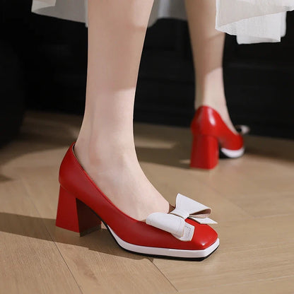 Sweet Bow-tied Women's Heels Shoes Elegant Blue Red Block Medium Heel Pumps Large Size Office Party Wedding Shoes