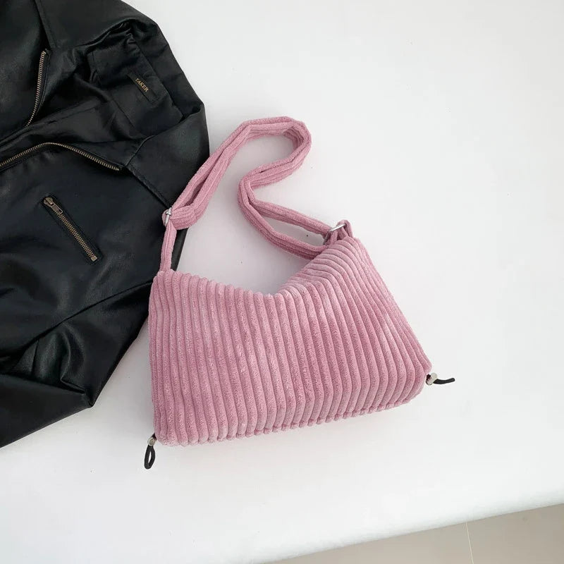 Beige Corduroy Bag For Women Simple Shoulder Bag Versatile Shopper Underarm Handbag Purse Zipper Small Messenger Bag Travel