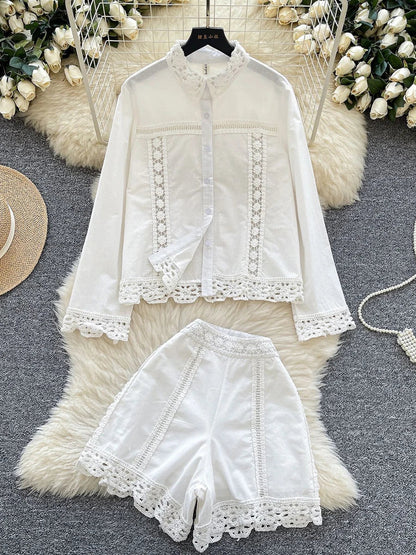 Crochet Patchwork Shorts Sets Women Single Breasted Lapel Collar Long Sleeve Blouse Summer Casual Fashion White Two-piece Set