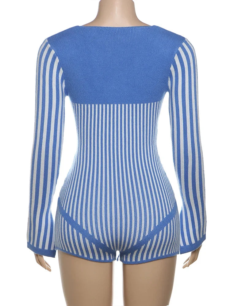 Crochet Bandage Playsuits Women Low-Neck Contrast Striped Patchwork Long Sleeve Autumn Fit Trend Vacation Skinny Romper