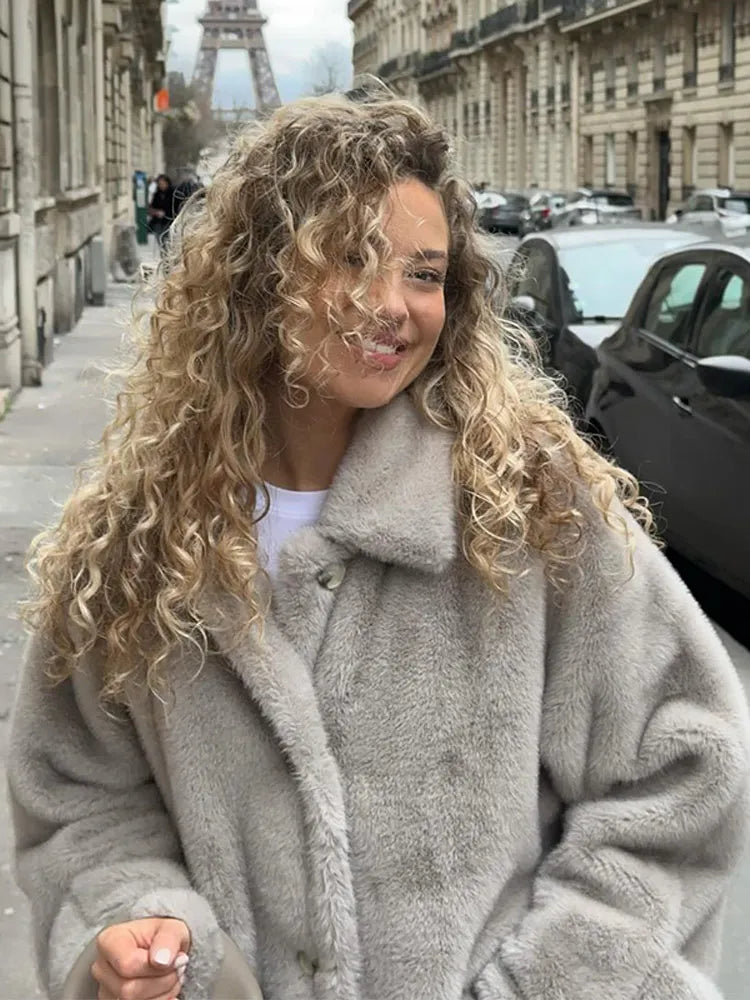 Elegant Thicken Warm Plush Faux Fur Long Coat Women Chic Single Breasted Lapel Overcoat With Belt New Lady Winter Fluffy Outwear