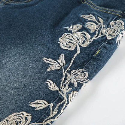 Y2K Rose Embroidered Trumpet Jeans Women Fashion Aesthetic Slim Flare Pants Vintage Blue 2000s Denim Trousers Spring