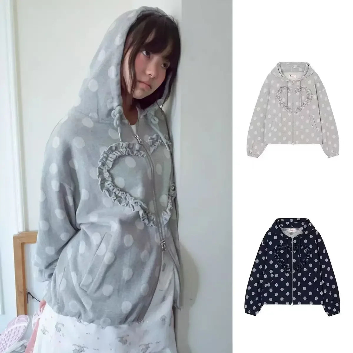 Spring 2025 New Korean Heart Shaped Ruffle Dot Printed Zipper Hoodie y2k Retro High end Design Loose Sweet Long Sleeve Jacket