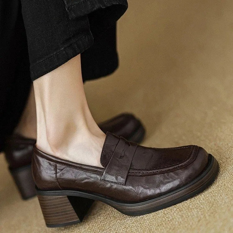 Thick Square with Single Shoe Women's Vintage French Sheepskin Loafers Vintage High-heeled Small Leather Shoes