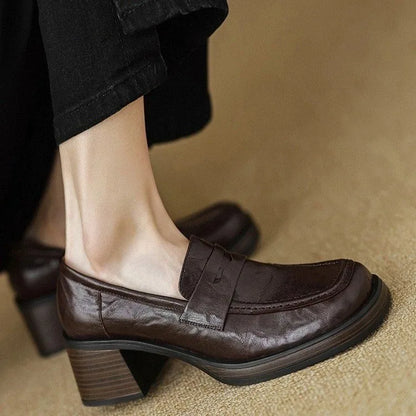 Thick Square with Single Shoe Women's Vintage French Sheepskin Loafers Vintage High-heeled Small Leather Shoes