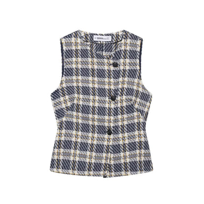 Women Retro Plaid Pleated Culottes Sets Lady Casual Sleeveless Single Breasted Slim Short Vest Suit 2026 Daily Commute Outfits