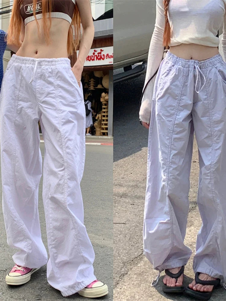 Casual Baggy Wide Leg Sweatpants White Loose Drawstring Low Waist Streetwear Cargo Pants Womens Hippie Joggers Trousers