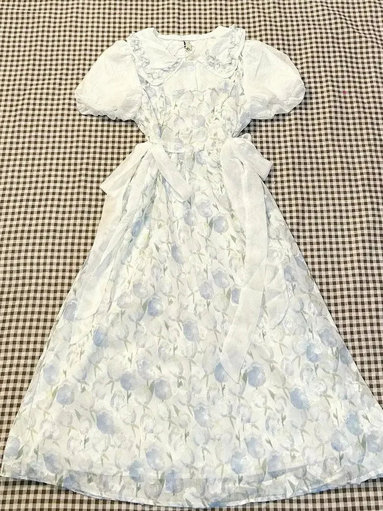 Japanese Sweet Fresh Tulip Floral Doll Collar Dress Women New Summer Kawaii Slim Fit Waist A-Line Dress Gentle Style Clothing
