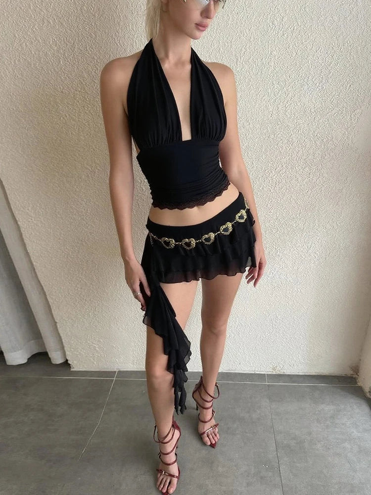 Chic Sexy 2-Piece Set Women Halter v-Neck Backless Folds Lace Vest+Tierred Tassels Butterfly Skirts Matching Party Suits