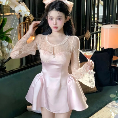 Woman Dress Spring Fashion Flare Long Sleeve Lace Patchwork Hollow Out Slim Elegant Party Mini Dresses Female Princess