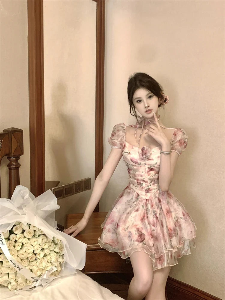 Elegant Princess Floral Short Dresses for Women Y2K Puff Sleeve Backless Printed Ruffles A-line Korean Fashion One Piece Vestido