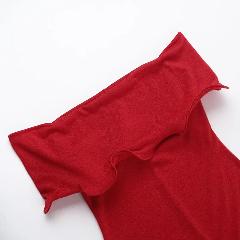 Off Shoulder Ruffle Bardot Mermaid Hem Bodycon Midi Dress