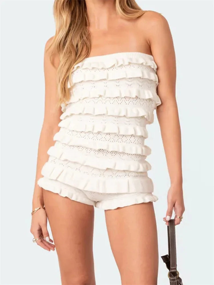 Women Tube Jumpsuits Off Shoulder Strapless Hollow Out Layered Ruffles Knitted Short Rompers Summer Beach Jumpsuits