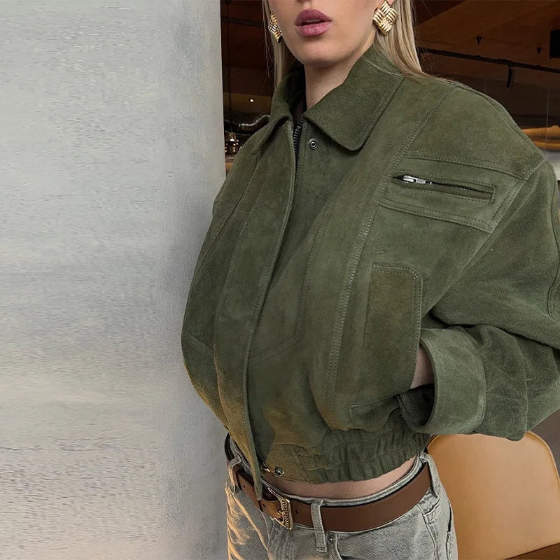 Elegant Camel Cropped Suede Jacket Women Lapel Full Sleeve Pocket Zipper Short Coat New Causal Autumn Lady Daily Streetwear 2025
