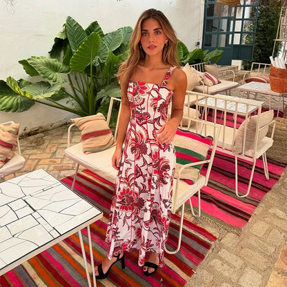 Halter Printed Long Dress Square Collar Slimming Waist Cinched Pleated Suspender Straps Dresses Backless Robes Women's Clothing