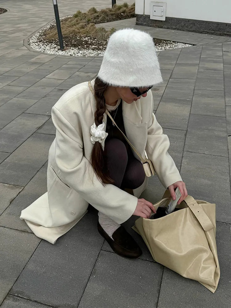 Elegant Solid Double Breasted Long Coat Women Chic Casual Loose Lapel Pad Shoulder Tweed Coats Lady Winter Retro Street Outwear