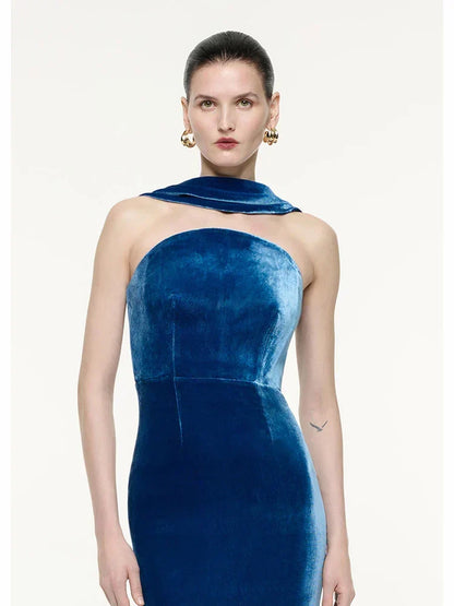 Velvet Halter Collar Strapless Bodycon Maxi Gown