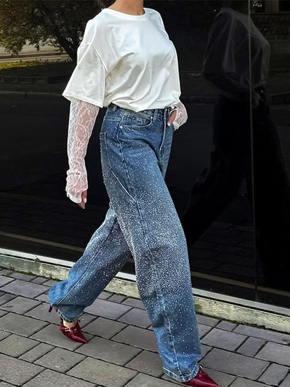 Chic Rhinestone Straight Denim Pants Women Vintage Loose High Waist Cowboy Long Pant Female New Design Spring Chic Streetwear