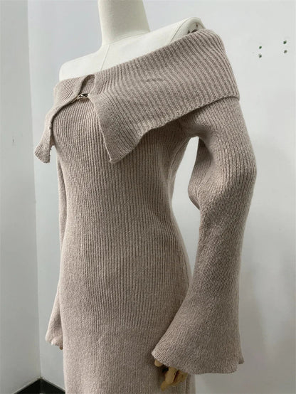 Off Shoulder Rib Knit Fold Over Collar Bodycon Maxi Dress