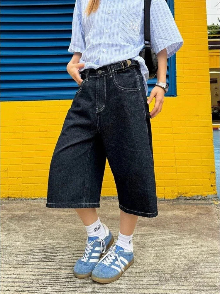 Denim Shorts Women High Waisted Harajuku Vintage Baggy Do Old Belt Straight Wide Leg Jeans Y2k Causal Half Pants Summer