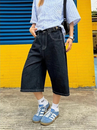 Denim Shorts Women High Waisted Harajuku Vintage Baggy Do Old Belt Straight Wide Leg Jeans Y2k Causal Half Pants Summer