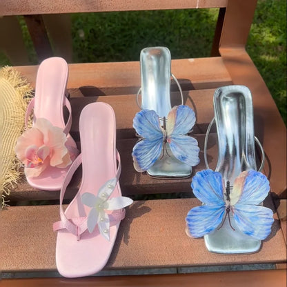 Sweet Summer Bright Color Asymmetrical Flower Decoration Sandals Silk Clip Thin Heel Flip Flops Casual Beach Vacation High Heel