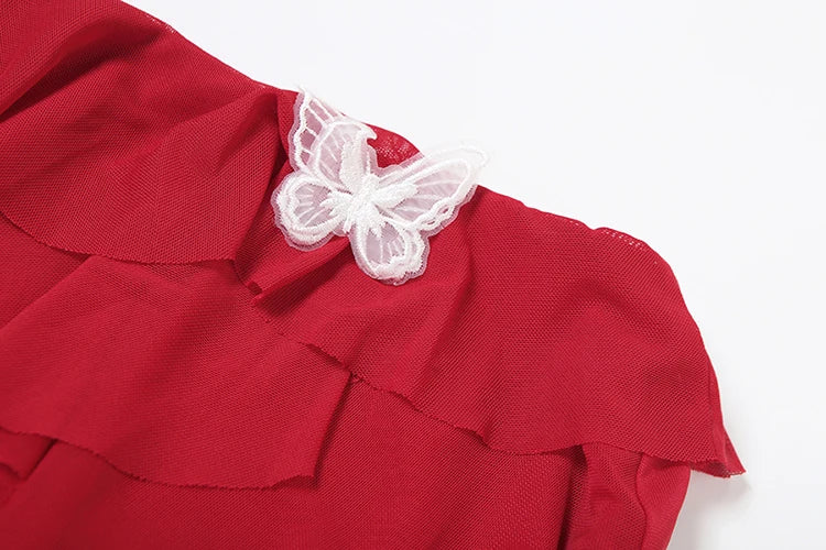 Chic Sexy 2-Piece Set Women Halter v-Neck Backless Folds Lace Vest+Tierred Tassels Butterfly Skirts Matching Party Suits