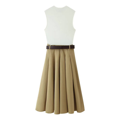 Retro Chic Women's Patchwork Dress Round Neck Sleeveless Belt Pleated Maxi Dress New Fashion Summer Holiday Dress